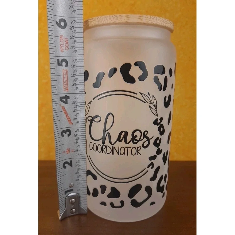 Chaos Coordinator Cheetah 12oz Frosted Glass Tumbler‎ With Straw Wood Top